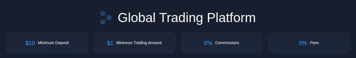 ExpertOption home page band: $10 Minimum Deposit, $1 Minimum Trading Amount, 0% Commissions, 0% Fees