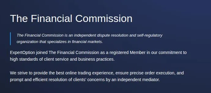 ExpertOption regulation page describing The Financial Commission as an independent dispute resolution and self-regulatory organization